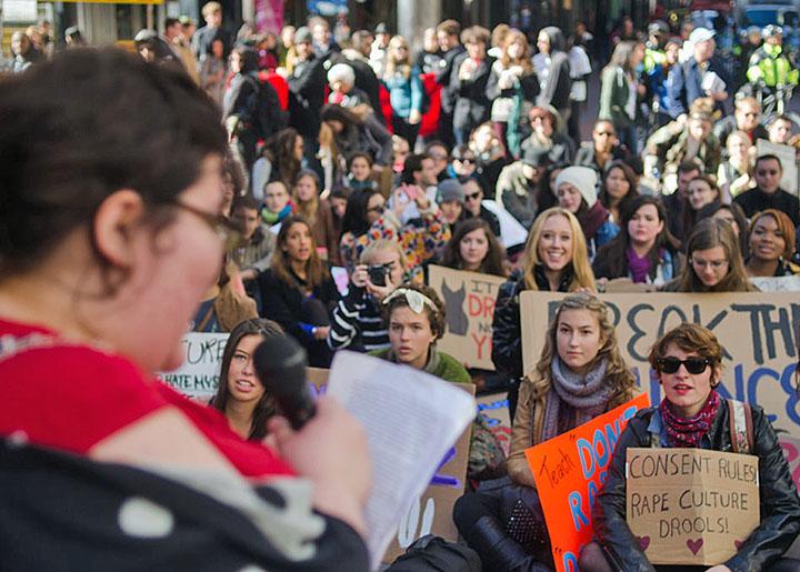 Survivors and solidarity activists rally against sexual violence in Boston, Massachusetts