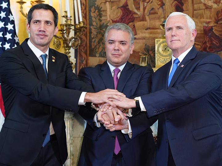 Left to right: coup leader Juan Guaidó, Colombian President Iván Duque and Vice President Mike Pence