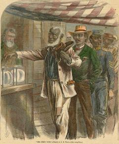 A Harper's depiction of freed slaves participating in their first election during Reconstruction