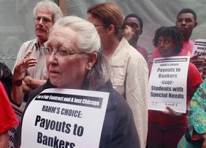 Chicago teachers, parents and students picket outside a Board of Education meeting