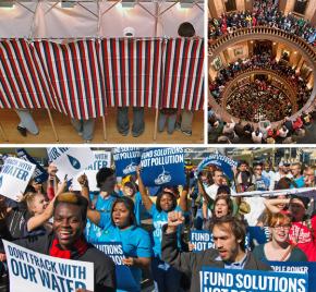 Clockwise from top left: Voting booths, Michigan Capitol occupation and environmental justice march