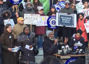 Public defenders and immigrant rights activists protest ICE at Brooklyn Borough Hall